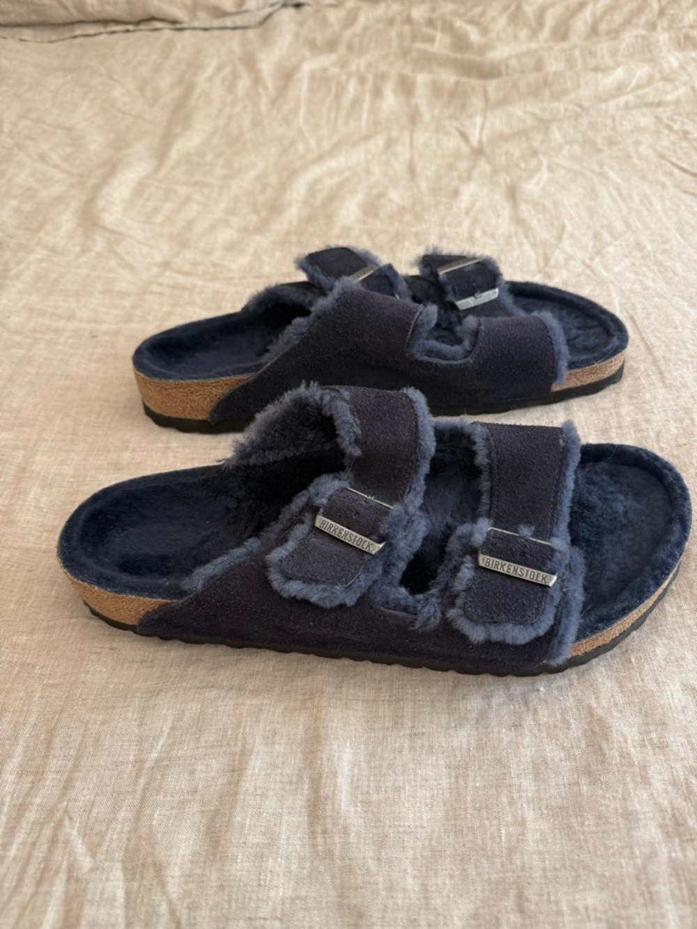 Birkenstock Shearling Double-Strap Slide Sandals in Dark Blue